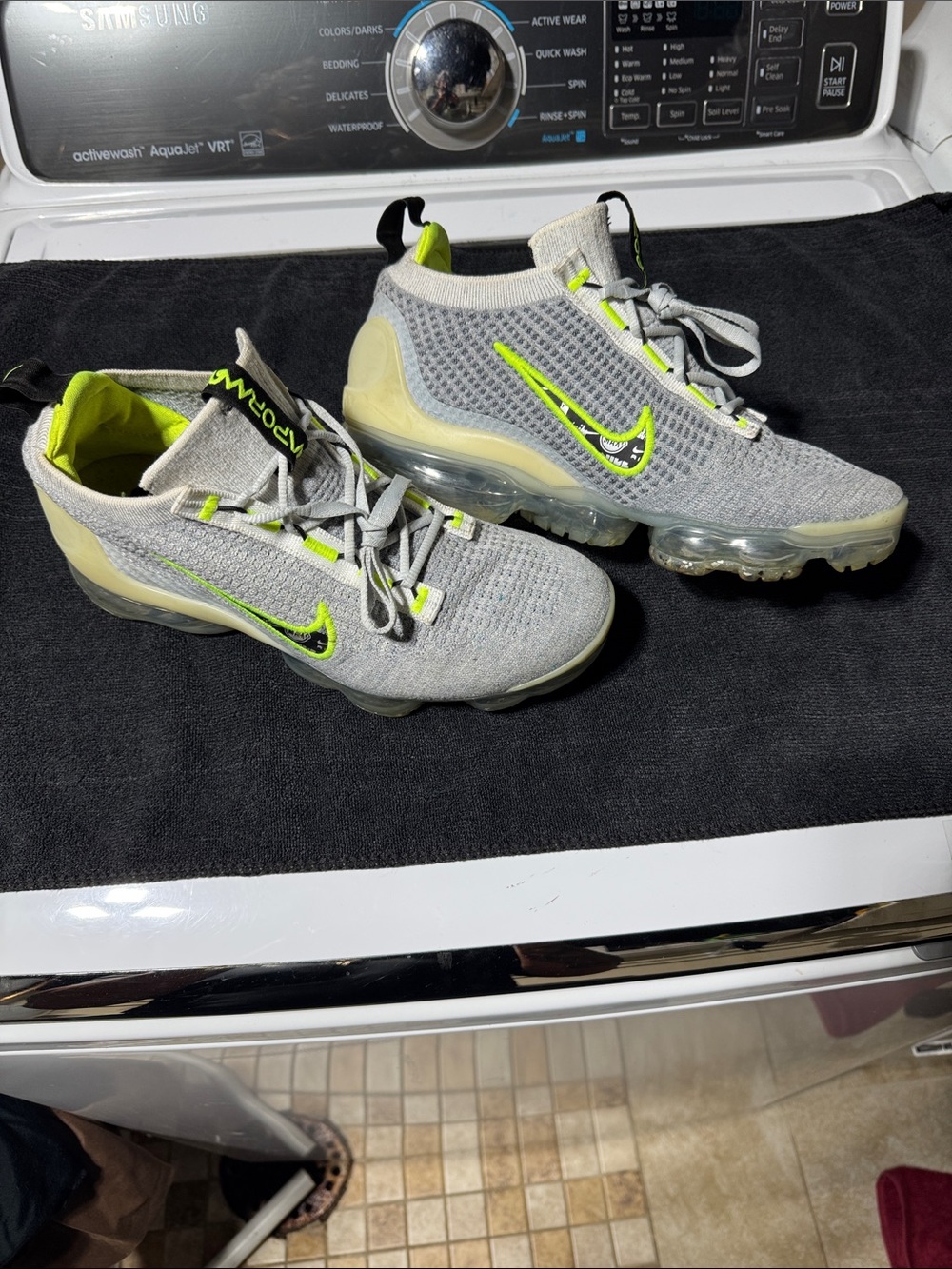 Nike Kids Grey and Volt VaporMax Flyknit Sneakers